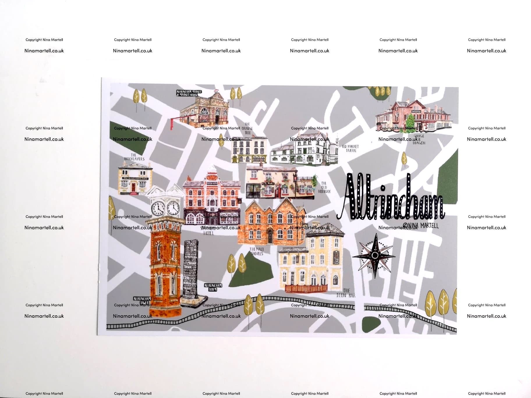A4 illustrated map of Altrincham featuring all the most well known pubs ...